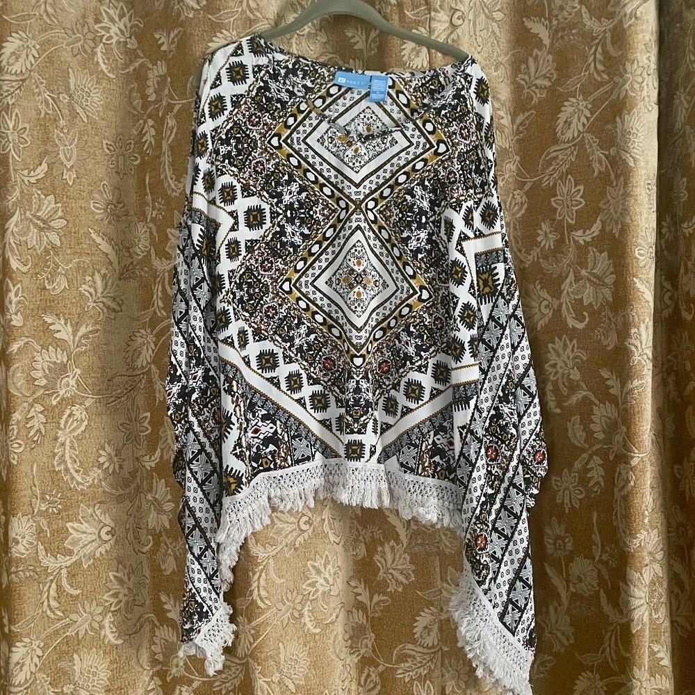 Vintage Koret Boho V-Neck Boho Festival Blouse/Poncho with Arms Size XL